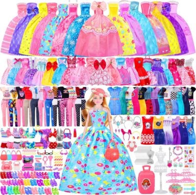 342 Pcs Doll Clothes and Accessories with Doll, Princess Gowns, Fashion Dresses, Top, Pants, Swimsuits, Shoes, Hangers and Other Accessories, Doll Playset Dress up Toy for Girls Toddlers Gift Toys