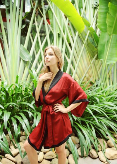 Burgundy Silk Robe - Handmade Gift for her - Short Bridesmaids Silk Robes - Silk Nightgown - Image 2