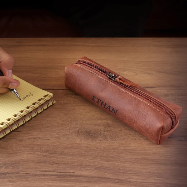 Personalized Hand Crafted Top Grain Leather Zip Pen Case, Pencil Bag, High Quality Cosmetic Case, Custom Makeup Bag, Classic Look Pen Pouch - Image 3