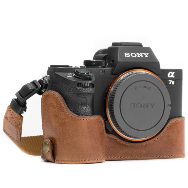 Fine Leather Camera Half Case Compatible with Sony Alpha A7S II, Sony Alpha A7R II, Sony Alpha A7 II - Black / Brown, Handcrafted - Image 2