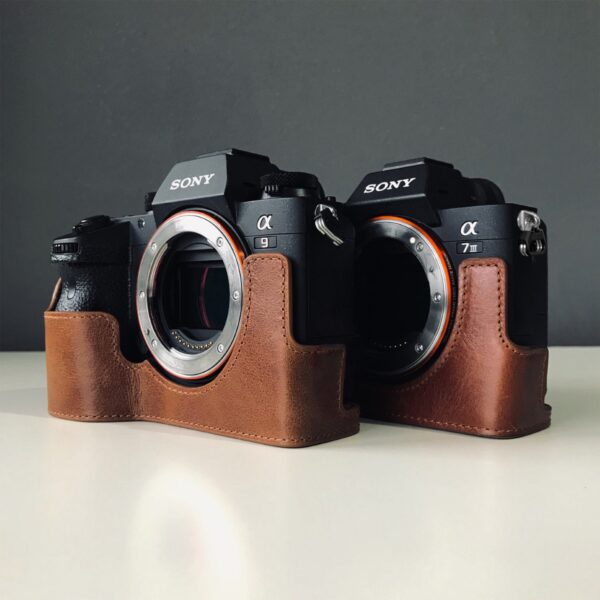 Fine Leather Camera Half Case & Strap Compatible with Sony Alpha A7 III, Sony Alpha A7R III, Sony Alpha A9 - Black / Brown, Handcrafted - Image 2