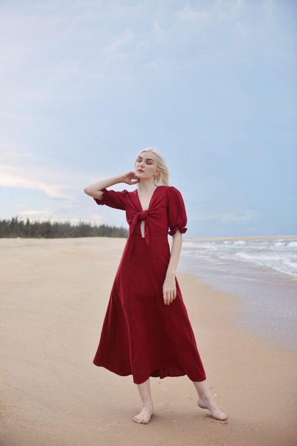 Red Linen Dress - Midi Linen Dress - Bow Tie Linen Dress - Image 2