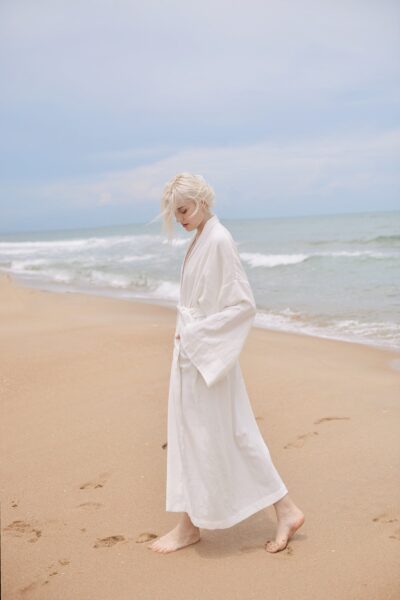 Women Linen Robe with Pockets - White Linen Long Robe - Organic Cotton Robes - Women Linen Robe - Image 2