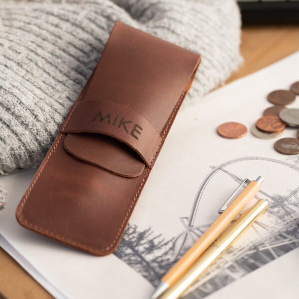 Personalized Top Grain Leather Pencil Pouch, Handcrafted Pen Holder, Custom Pen Pouch, Quality Pen and Pencil Case with Tuck in Flap - Image 2