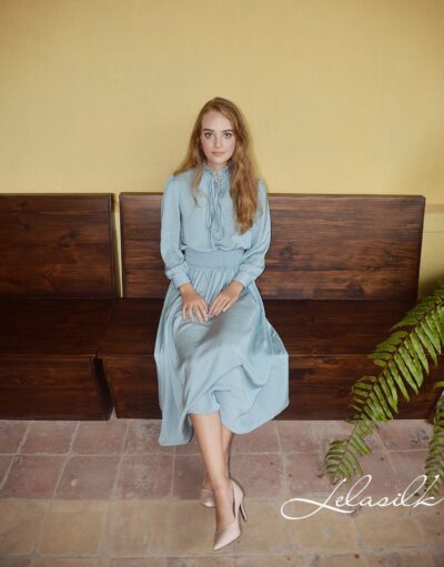 Silk Dress - Blue Silk Dress - Midi Silk Dress - Image 2