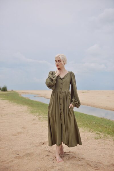 Vintage Linen Dress with Pockets - Puff Sleeve Long Dress for Women - Image 3