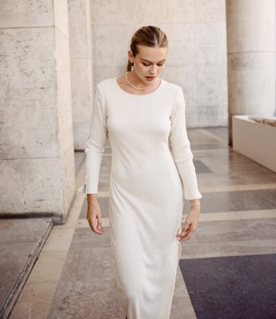 Crewneck Knit Dress - Handmade Dress - Long Sleeve White Dress - Image 3