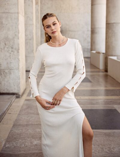 Crewneck Knit Dress - Handmade Dress - Long Sleeve White Dress - Image 2