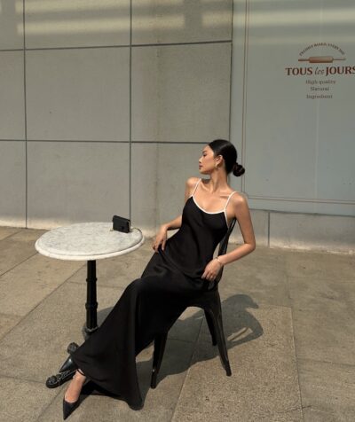 Maxi Black Silk Dress with White straps - Image 3