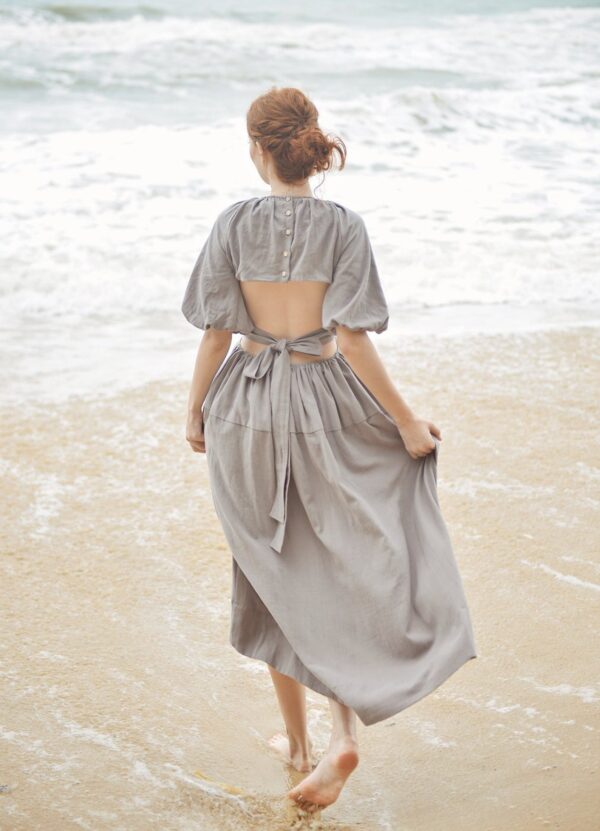 Maxi Summer Dress - Backless Cotton Dress - Balloon Sleeves Dress - Image 2