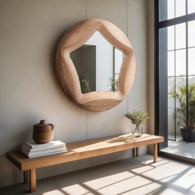 Modern Wood Wall Mirror, Wall Hanging, Round, Wavy Rustic Home Decor Mirror Suitable for Your Home Bedroom,Entrance and Livingroom, Bathroom - Image 3