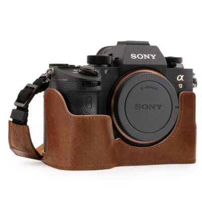 Fine Leather Camera Half Case & Strap Compatible with Sony Alpha A7 III, Sony Alpha A7R III, Sony Alpha A9 - Black / Brown, Handcrafted