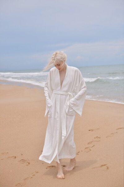 Women Linen Robe with Pockets - White Linen Long Robe - Organic Cotton Robes - Women Linen Robe