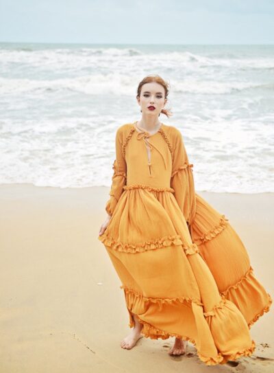 Boho Dress Full Length - Long Sleeves Dress - Linen Beach Dress