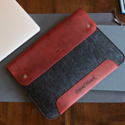 Personalized Leather & Fleece MacBook Sleeve - 16, 15, 14 inch - Custom Engraved Laptop Bag