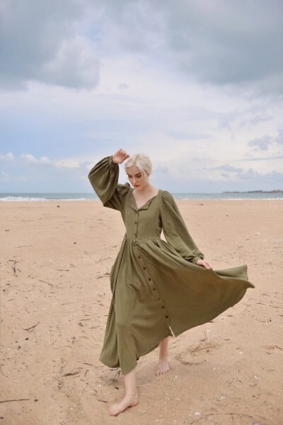 Vintage Linen Dress with Pockets - Puff Sleeve Long Dress for Women