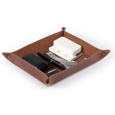 Personalized Leather Valet Tray - Custom Engraved Catch All Organizer for Desk, Nightstand & Entryway