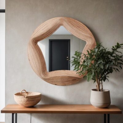 Modern Wood Wall Mirror, Wall Hanging, Round, Wavy Rustic Home Decor Mirror Suitable for Your Home Bedroom,Entrance and Livingroom, Bathroom