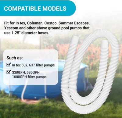 1.25" x 59" Pool Hoses Replacement for Above Ground Pools - 3 Pack 1-1/4" Diameter Pool Pump Hoses for In tex 607 637 Pump, Pool Filter Hose with 6 Metal Clamps for 330GPH 530GPH 1000GPH Filter Pumps - Image 5