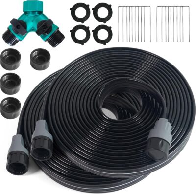 50 FT Soaker Hose 2-Pack - Flat Sprinkler Hose with Staples & Splitters - Drip Irrigation for Garden Lawn Watering