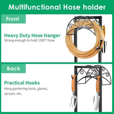 TomCare Garden Hose Holder Heavy Duty Water Hose Holder with 2 Tool Hooks Sturdy 4 Spikes Hose Reel Holds 150ft Hose Freestanding Hose Hanger Hose Storage Organizer for Outside Yard Lawn, Black - Image 2