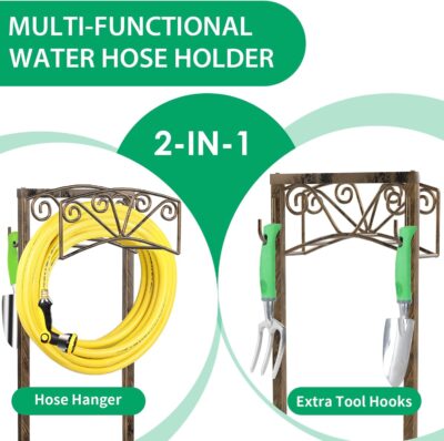 TomCare Garden Hose Holder Upgraded 4 Spikes Water Hose Holder with 2 Tool Hooks Sturdy Hose Reel Holds 150ft Hose Freestanding Hose Stand Hose Storage for Outside Yard Lawn, Rustic Bronze - Image 2