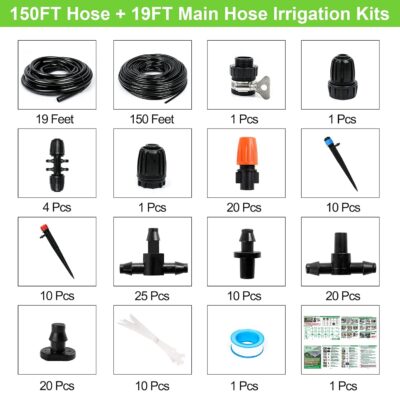 Drip Irrigation Kit, 169FT Greenhouse Watering System, 1/4 inch Automatic Patio Misting System for Garden with Distribution Tubing Hose & Adjustable Nozzle Emitters Sprinkler Barbed Fittings - Image 2