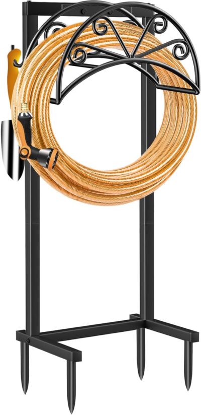 TomCare Heavy Duty Garden Hose Holder - Freestanding 150ft Hose Reel with 2 Tool Hooks - Outdoor Yard Lawn Water Hose Organizer - Black