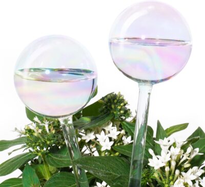 [2 PCS] Light Iridescent Rainbow Gradient Color Clear Glass Self-Watering System Spikes, Automatic Plant Waterer Bulbs