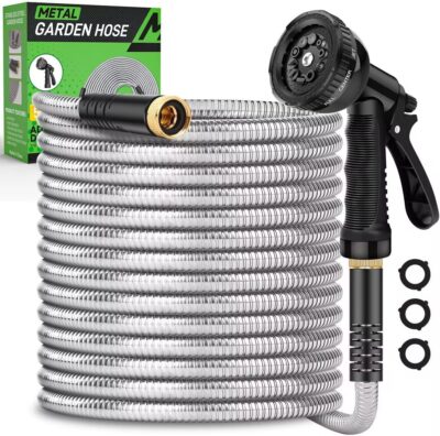 Garden Hose 50ft Stainless Steel - Heavy Duty, 10-Pattern Nozzle, Kink-Free - Yard & Lawn