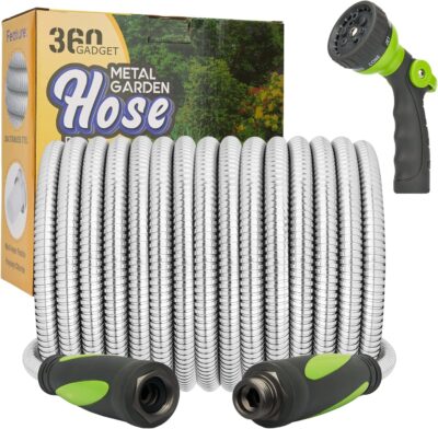 Garden Hose - Water Hose 50 FT with Swivel Handle & 8 Function Nozzle, Flexible, Heavy Duty, No Kink, Lightweight Metal Hose for Outdoor, Yard, 304 Stainless Steel