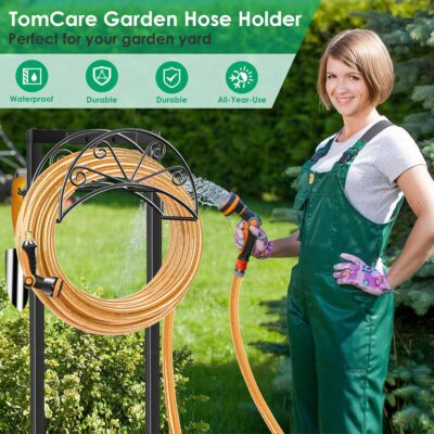 TomCare Garden Hose Holder Heavy Duty Water Hose Holder with 2 Tool Hooks Sturdy 4 Spikes Hose Reel Holds 150ft Hose Freestanding Hose Hanger Hose Storage Organizer for Outside Yard Lawn, Black - Image 4