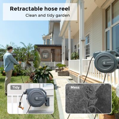 Giraffe Tools Metal Retractable Hose Reel 130 FT Wall Mounted Heavy Duty Hose Reel with 9 Pattern Nozzle 180 Deg Swivel, Metal Bracket Any Length Lock (1/2 130FT PRO, Dark Grey) - Image 2