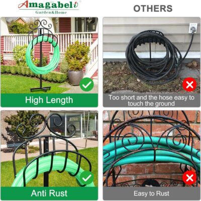 AMAGABELI GARDEN & HOME Hose Holder for Outside Freestanding Holds 125ft Heavy Duty Metal Detachable Rustproof Hose Stand Hanger Decorative Water Hose Storage With Ground Stakes Garden Lawn Black - Image 5