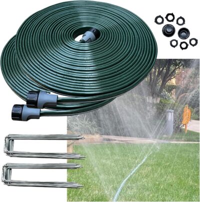 Watoo 100 FT Flat Soaker Hose - Heavy Duty Lawn Sprinkler - No Kink Garden Watering Hose with Stakes