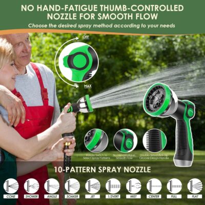 Water Hose 100ft, Non-Expanding Garden Hose 100 ft, Ultra Lightweight & Flexible Garden Hose, Kink-Free, Leak-Proof, High-Density Fabric, Brass Fittings & Shut-Off Valve, Hose Holder, Green - Image 2