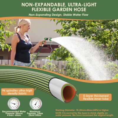 Water Hose 100ft, Non-Expanding Garden Hose 100 ft, Ultra Lightweight & Flexible Garden Hose, Kink-Free, Leak-Proof, High-Density Fabric, Brass Fittings & Shut-Off Valve, Hose Holder, Green - Image 4