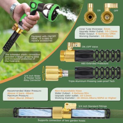 Water Hose 100ft, Non-Expanding Garden Hose 100 ft, Ultra Lightweight & Flexible Garden Hose, Kink-Free, Leak-Proof, High-Density Fabric, Brass Fittings & Shut-Off Valve, Hose Holder, Green - Image 3