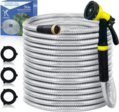 50ft Metal Garden Hose Stainless Steel - Flexible, No Kink + Brass Connector & Nozzle