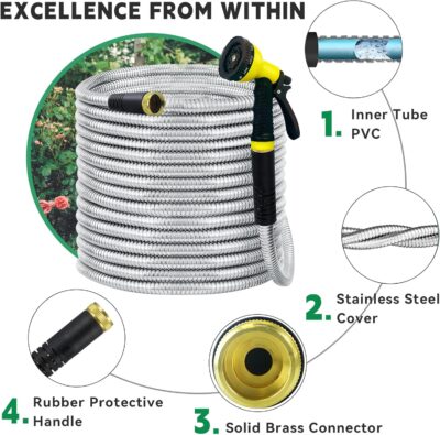 50ft Metal Garden Hose Stainless Steel - Flexible, No Kink + Brass Connector & Nozzle - Image 3