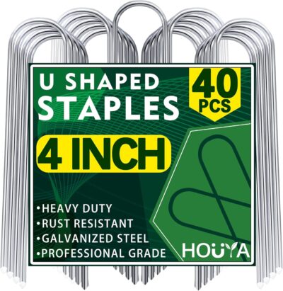 U Shaped Garden Stakes 4 Inch 40 Pack Drip Irrigation Stakes Galvanized Landscape Garden Staples Hose Stakes for Soaker Hose Drip Line Irrigation Tubing Tube, Lawn Ground and Weed Barriers