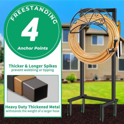 TomCare Garden Hose Holder Heavy Duty Water Hose Holder with 2 Tool Hooks Sturdy 4 Spikes Hose Reel Holds 150ft Hose Freestanding Hose Hanger Hose Storage Organizer for Outside Yard Lawn, Black - Image 3