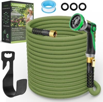 Water Hose 100ft, Non-Expanding Garden Hose 100 ft, Ultra Lightweight & Flexible Garden Hose, Kink-Free, Leak-Proof, High-Density Fabric, Brass Fittings & Shut-Off Valve, Hose Holder, Green