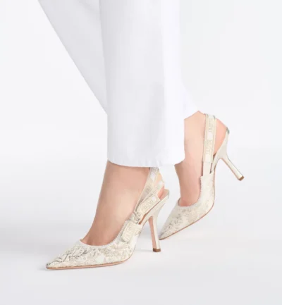 J'Adior Slingback Pump Transparent Mesh with Dior Chardons Embroidery in Gold-Tone Metallic Thread - Image 3