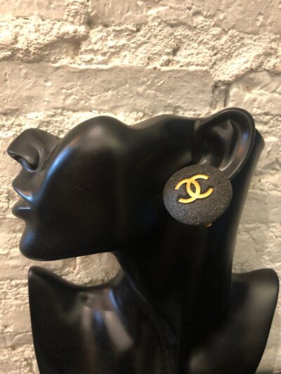 Authentic Vintage CHANEL Gray Stone Gold Plated CC Clip On Earrings - Image 4