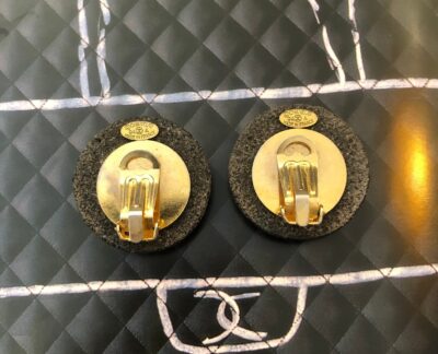 Authentic Vintage CHANEL Gray Stone Gold Plated CC Clip On Earrings - Image 2