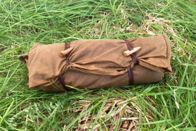 Bushcraft Spain Oilskin & Wool Nap-Sack, Pillow, Storage bag, Seat Pad, Working Surface and more! 100% leather straps and Olive Wood toggles - Image 5