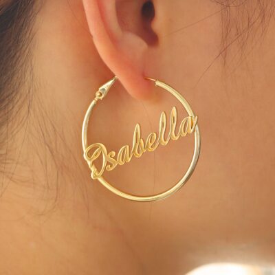 Personalized Hoops Name Earrings, Custom Round Gold Earrings, Big Hoops Name Earrings, Women Wife Name Earrings, Christmas Gift for Her - Image 2