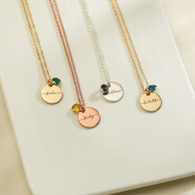 Engraved Name Necklace with Birthstone, Personalized Jewelry Gift for Bridesmaid, Silver Disc Letter Pendant Necklace, Necklace for Mom - Image 5