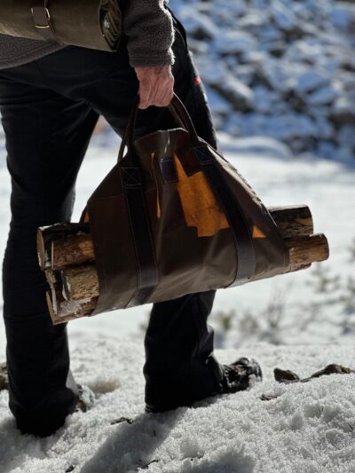 Oilskin and Leather LOG CARRIER - A Heavy Duty Waxed Canvas Carrier for Firewood - perfect for Bushcraft and Outdoor gifts - Made in Spain - Image 2